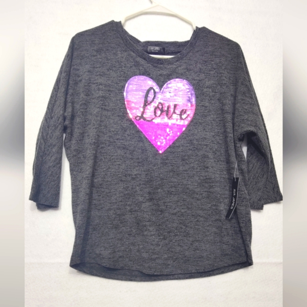 Ava James Gray SOFT Thin‎ Knit Long Sleeve Top With Purple Glitter Sequin size L
